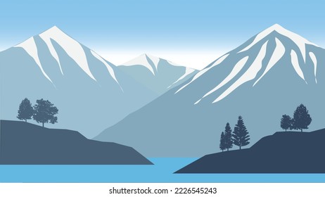 Landscape blue sky high mountain lake pine tree nature silhouettes. Vector illustration.