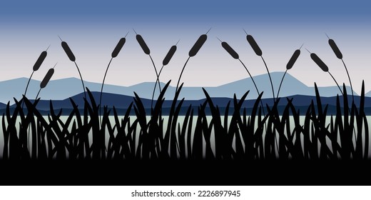 Landscape blue sky high mountain lake reed flower nature silhouettes. Vector illustration.