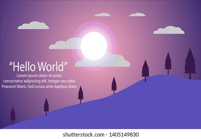 Landscape with blue sky and hills. with pine trees. In flat design - Vector
