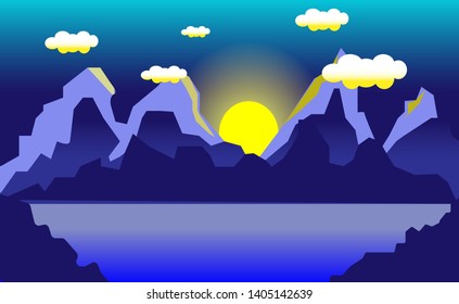 Landscape with blue sky and mountains. In flat design - Vector