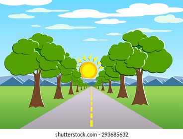 landscape with blue sky tree and road