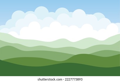 Paisaje azul cielo blanco nube montaña verde. Ilustración vectorial.
