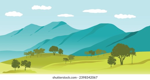 Landscape blue sky white clouds mountains green hills silhouette  trees nature banner design. Vector illustration.