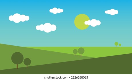 Landscape blue sky yellow sun white cloud green hill big tree. Vector illustration.