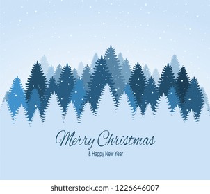 Landscape with blue snowy pines, firs, coniferous forest, falling snow. Holiday winter forest Merry Christmas and Happy New Year.