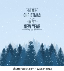 Landscape With Blue Snowy Pines, Firs, Coniferous Forest, Falling Snow. Holiday Winter Forest Merry Christmas And Happy New Year.