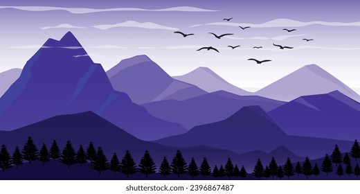 Landscape blue tone mountain forest silhouettes tree flying birds nature banner design. Vector illustration.