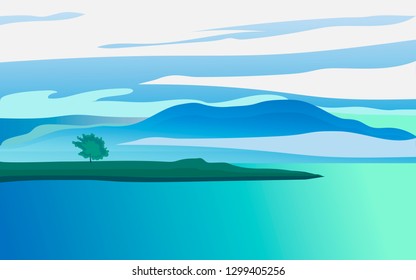 Landscape in blue tones. Mountain lake in the fog