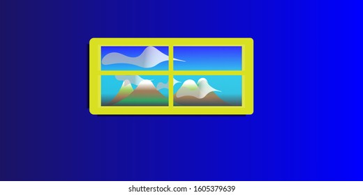 landscape, blue wall and yellow window illustrations