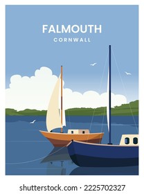 landscape of boat in Falmouth Harbour. travel to falmouth, cornwall. travel poster with flat style vector design.