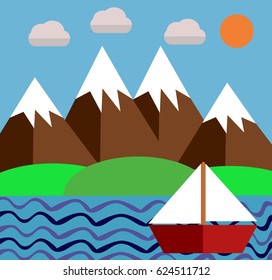 Landscape with boat, flat design, mountains sunny day.