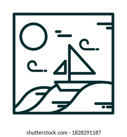 barco paisaje en el mar viento sol línea de dibujos animados icono estilo vectorial ilustración