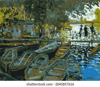 landscape with boats - stylized vector version of a painting by claude monet.