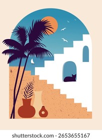 Landscape in boho style with pam tree, sea, plants in vases and cat. Minimalist vector illustration
