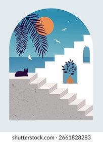 Paisagem em estilo boho com degraus б mar e plantas