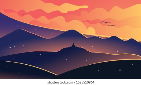 Landscape of Borobudur When Seen from The Hill at Sunrise