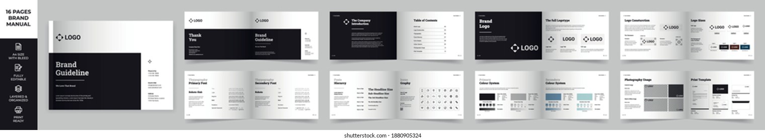 Landscape Brand Manual Template, Simple Style And Modern Layout Brand Book, Brand Identity, Brand Guideline, Guide Book