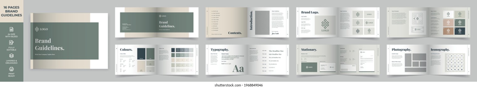 Landscape Brand Manual Template, Simple Style And Modern Layout Brand Book, Brand Identity, Brand Guideline, Guide Book	