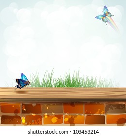 Landscape with brick wall and butterflies