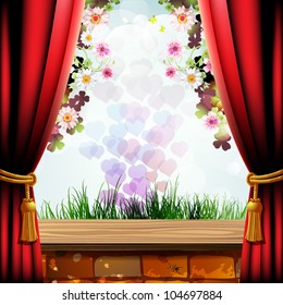 Landscape with brick wall, hearts and red curtain