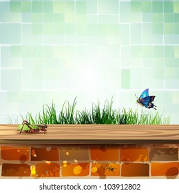 Landscape with brick wall and insects