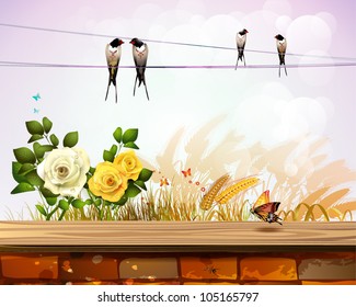 Landscape with brick wall roses and wheat