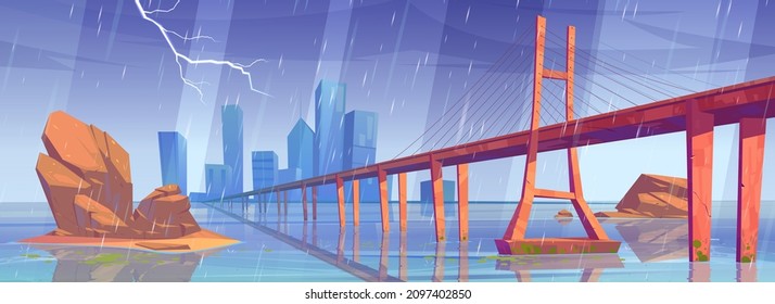 Landscape with bridge above water, stones in water and city buildings on skyline in rain. Vector cartoon illustration of lake with town on horizon, overpass highway and thunderstorm with lightning