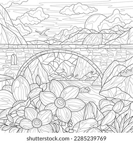 Landscape with bridge and flowers.Coloring book antistress for children and adults. Illustration isolated on white background.Zen-tangle style. Hand draw