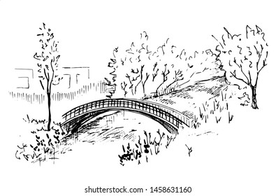 Landscape with a bridge. Hand-drawn sketch style vector illustration. Isolated on white background.