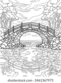 Landscape with bridge and river. Coloring book