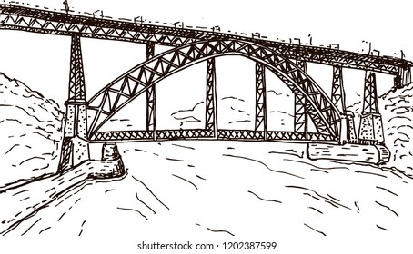 Landscape with bridge sketch. Hand drawn sketch of Porto, Portugal Douro river the and the Porto Bridge. Vector illustration.