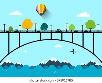 Landscape with Bridge. Vector Flat Design Illustration.
