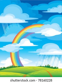 Landscape with bright rainbow, green meadow and blue cloudy sky