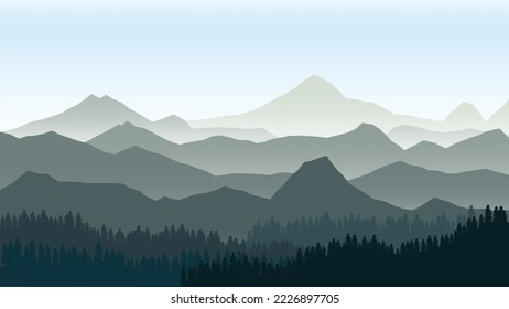 Siluetas naturales de árboles de alta montaña y un cielo brillante. Ilustración vectorial.
