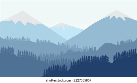 Landschaft heller Himmel hoch Gebirgskiefern Natursilhouetten. Vektorgrafik.