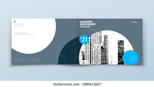 Landscape Brochure Design. Blue And Grey Horizontal Corporate Business Template Brochure, Report, Catalog, Magazine. Brochure Layout Modern With Dynamic Abstract Background. Creative Vector Concept.