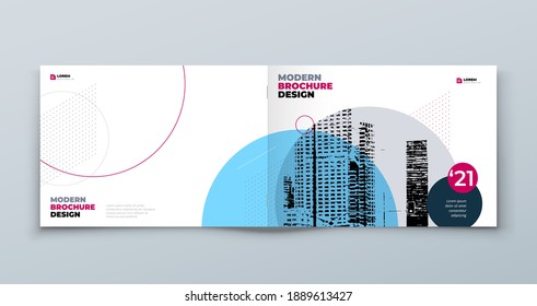 Landscape Brochure design. Blue horizontal corporate business template brochure, report, catalog, magazine. Brochure layout modern with dynamic shape abstract background. Creative vector concept.