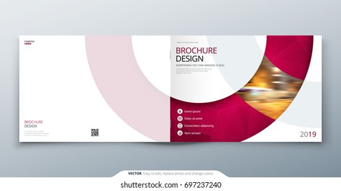 Landscape Brochure design. Magenta corporate business rectangle template brochure, report, catalog, magazine. Brochure layout modern circle shape abstract background. Creative vector concept