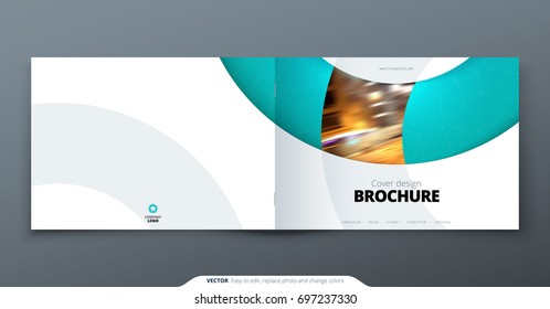 Landscape Brochure design. Teal corporate business rectangle template brochure, report, catalog, magazine. Brochure layout modern circle shape abstract background. Creative brochure vector concept