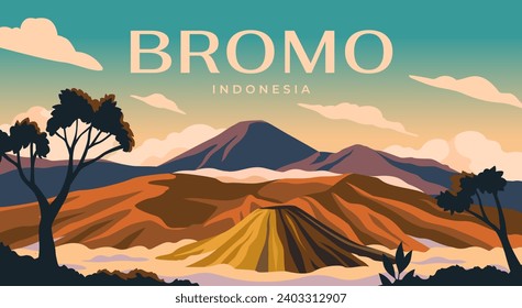 Paisaje con volcán Bromo. Cartel con el famoso punto de referencia natural indonesio. Hermoso paisaje con montañas y cielo matutino. Turismo, viajes y viaje. Dibujo vectorial plano de dibujos animados