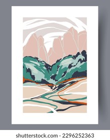 Landscape brook forest nature wall art print. Printable minimal abstract brook poster. Wall artwork for interior design. Contemporary decorative background with nature.