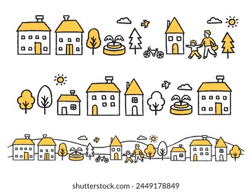 Landscape with a building and a fountain and a bicycle and a tree and a parent and a child_color