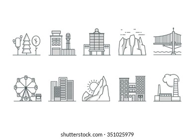 Landscape and Building  icons. Line art. Stock vector.