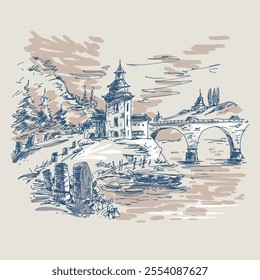 Landscape with building on river bank with bridge, mountain and boat, vector hand drawn illustration.