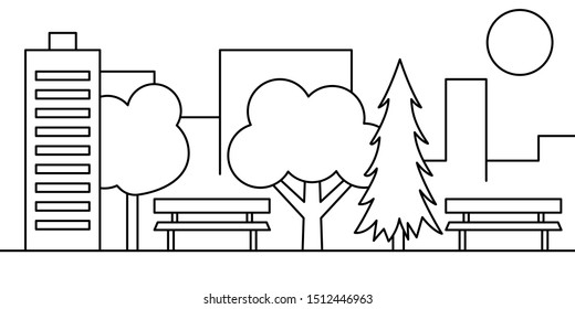 Landscape building trees benches sun city illustration