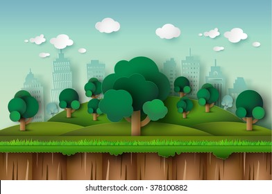 Landscape With Building Trees And Clouds.paper Art Style.