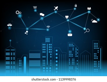 Landscape buildings with a digital smart city and smart service icons , augmented reality and internet of things concept.
