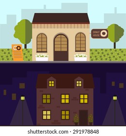 Landscape with buildings donut house and night bilding/  Cityscape. Vector flat illustration