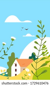 landscape with buildings hills flowers and leaves floral spring poster lettering greeting card vertical vector illustration