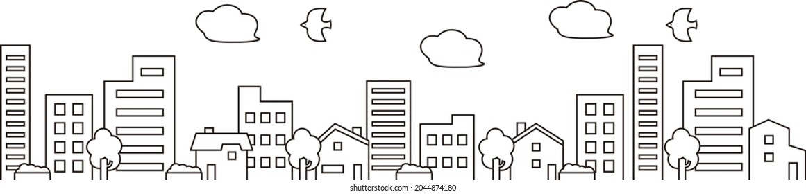 Landscape of buildings and houses (monochrome line drawing)